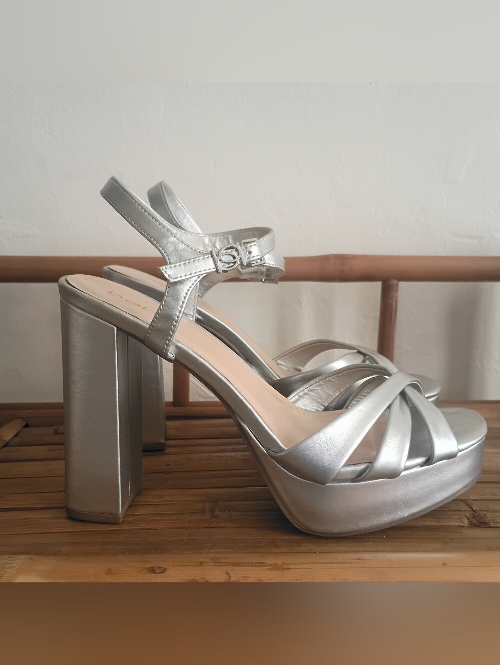 bebe Silver Metallic Platform Block Heel Sandals